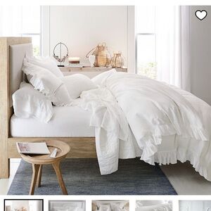 Pottery Barn Belgian Flax Linen Fringe Ruffle Duvet Cover WHITE